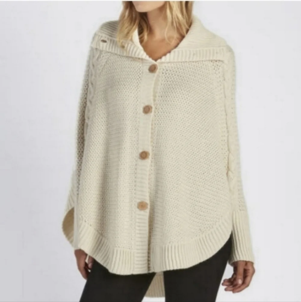 UGG Maribeth White Button Front Ribbed Cable Knit Wool Cape Cardigan Sweater